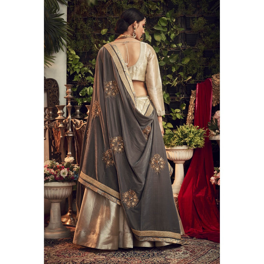 Ranian Beige Lehenga and Blouse with Grey Velvet Dupatta (Set of 3)