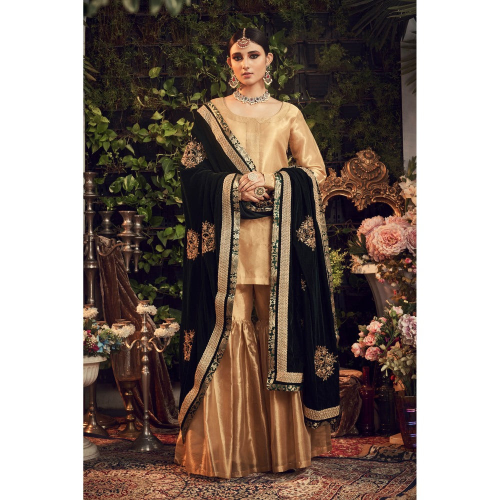 Ranian Oxidized Gold Sharara with Kurti and Green Velvet Dupatta (Set of 3)