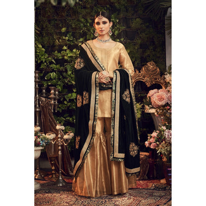 Ranian Oxidized Gold Sharara with Kurti and Green Velvet Dupatta (Set of 3)