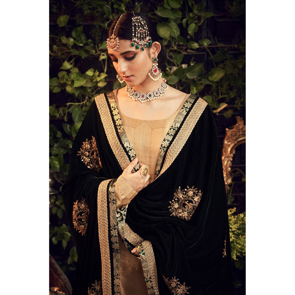 Ranian Oxidized Gold Sharara with Kurti and Green Velvet Dupatta (Set of 3)