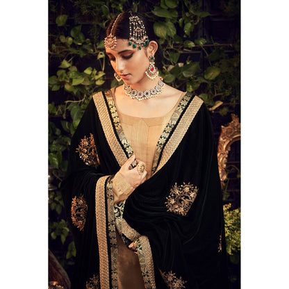 Ranian Oxidized Gold Sharara with Kurti and Green Velvet Dupatta (Set of 3)
