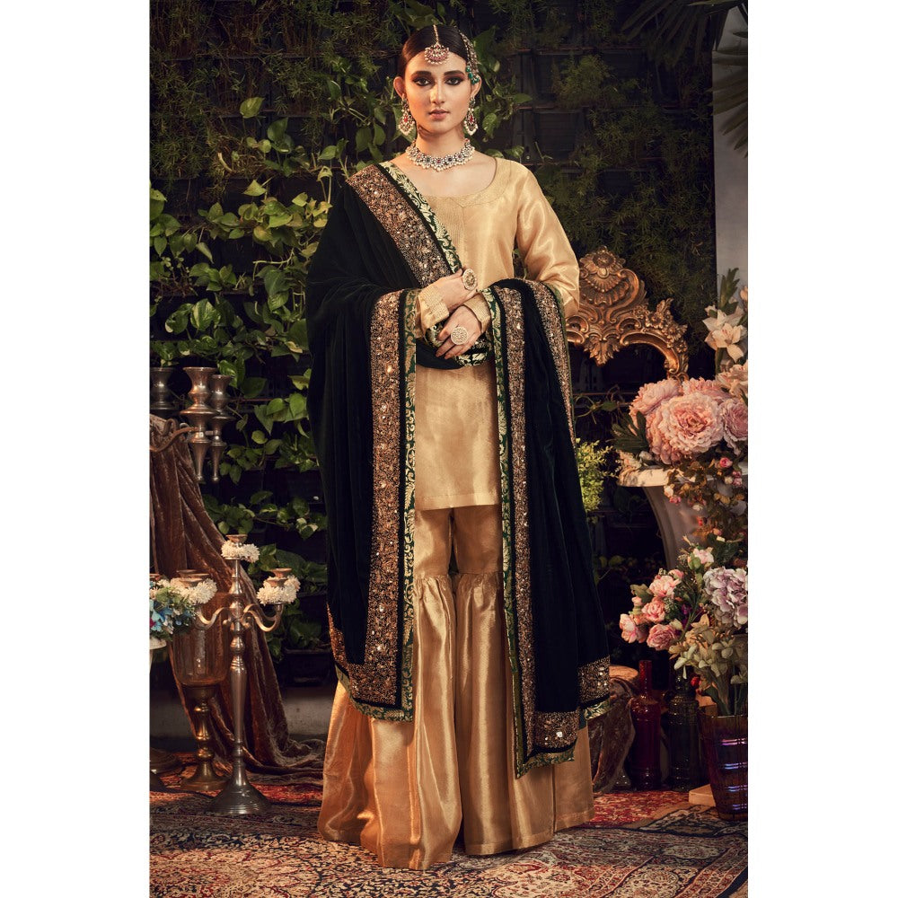 Ranian Oxidized Gold Sharara with Kurti and Green Velvet Dupatta (Set of 3)
