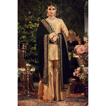 Ranian Oxidized Gold Sharara with Kurti and Green Velvet Dupatta (Set of 3)