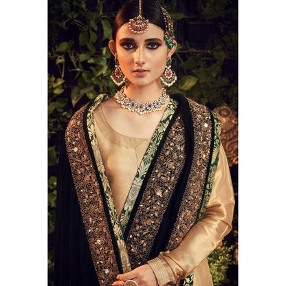 Ranian Oxidized Gold Sharara with Kurti and Green Velvet Dupatta (Set of 3)