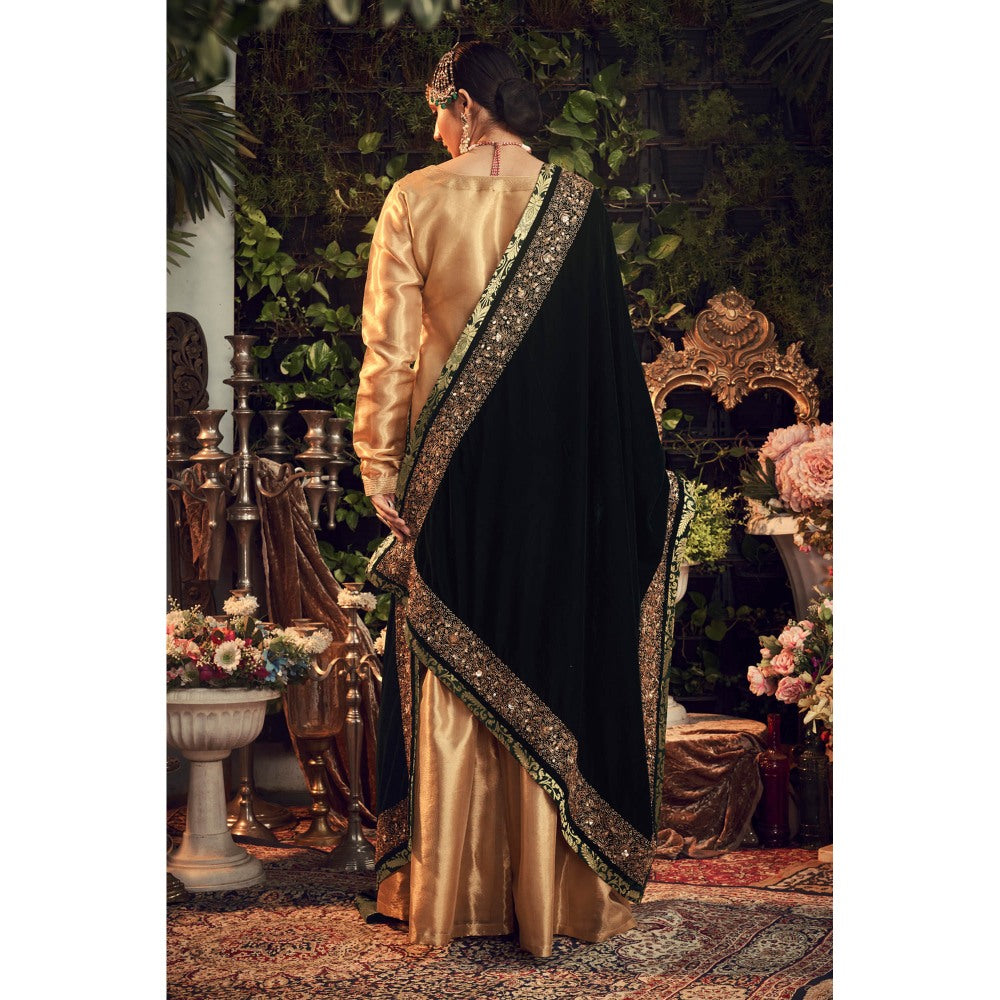 Ranian Oxidized Gold Sharara with Kurti and Green Velvet Dupatta (Set of 3)