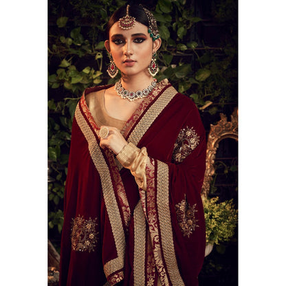 Ranian Oxidized Gold Sharara and Kurti with Maroon Velvet Dupatta (Set of 3)