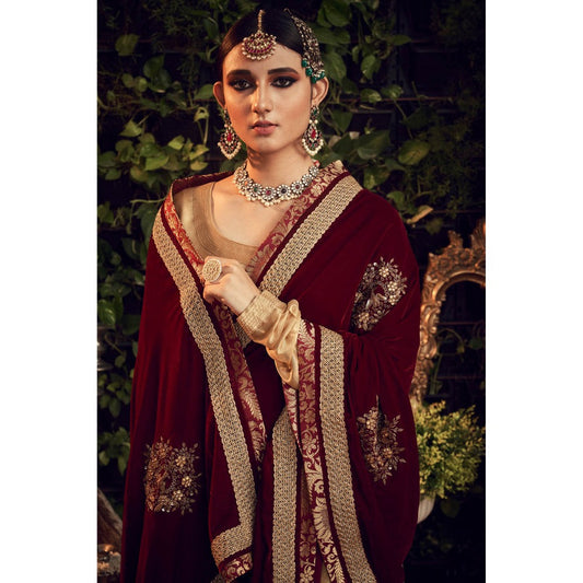 Ranian Oxidized Gold Sharara and Kurti with Maroon Velvet Dupatta (Set of 3)