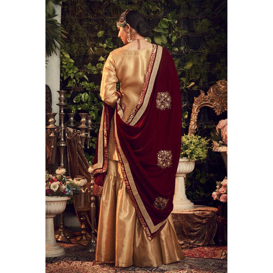 Ranian Oxidized Gold Sharara and Kurti with Maroon Velvet Dupatta (Set of 3)