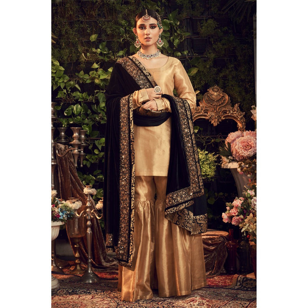 Ranian Oxidized Gold Sharara and Kurti with Black Velvet Dupatta (Set of 3)