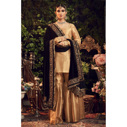 Ranian Oxidized Gold Sharara and Kurti with Black Velvet Dupatta (Set of 3)