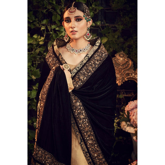 Ranian Oxidized Gold Sharara and Kurti with Black Velvet Dupatta (Set of 3)