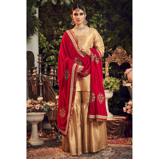 Ranian Oxidized Gold Sharara and Kurti with Red Velvet Dupatta (Set of 3)