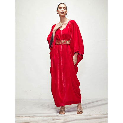 Ranian Red Velvet Kaftan Dress with Belt (Set of 2)