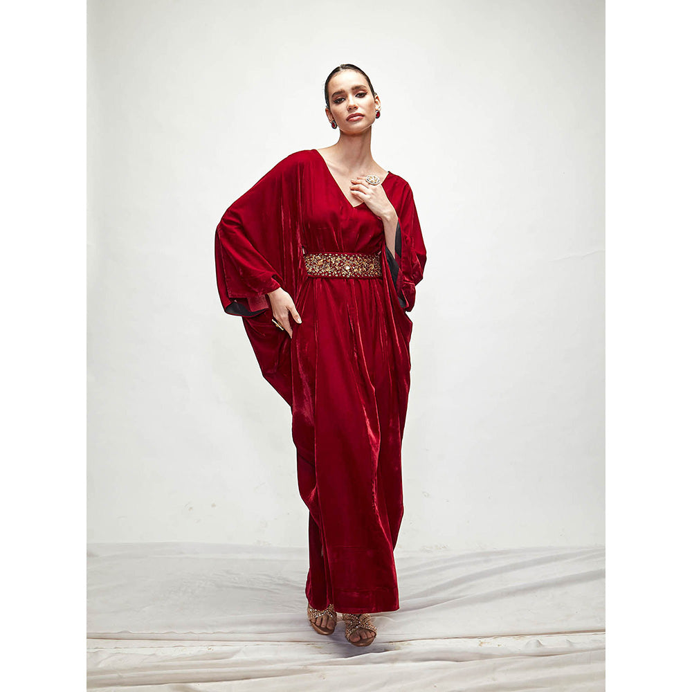 Ranian Maroon Velvet Kaftan Dress with Belt (Set of 2)