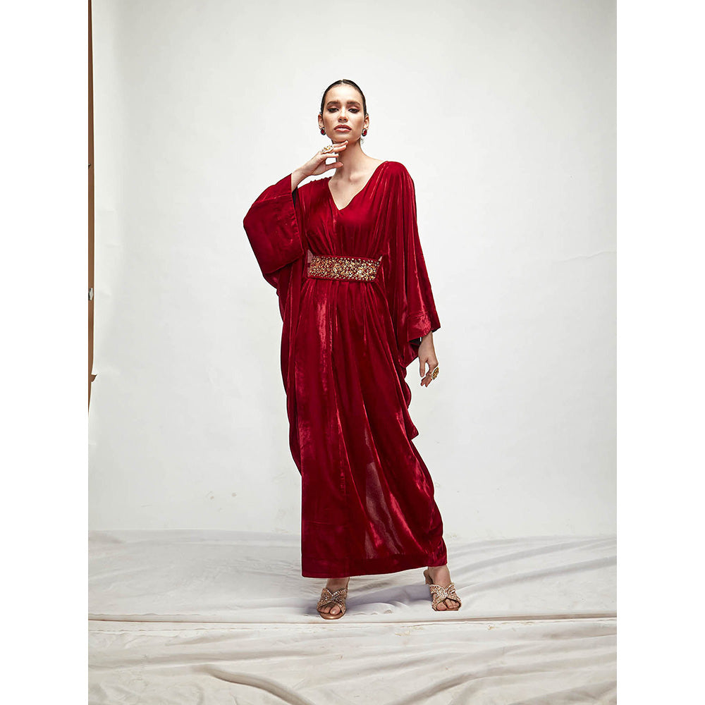 Ranian Maroon Velvet Kaftan Dress with Belt (Set of 2)