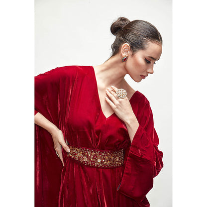 Ranian Maroon Velvet Kaftan Dress with Belt (Set of 2)