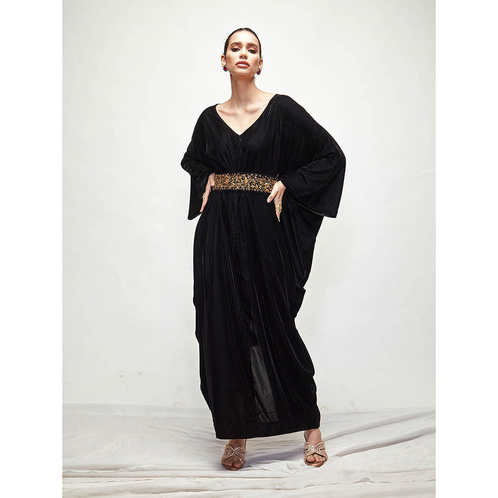 Ranian Black Velvet Kaftan Dress with Belt (Set of 2)