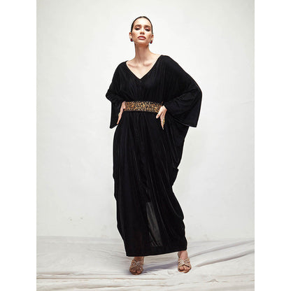 Ranian Black Velvet Kaftan Dress with Belt (Set of 2)