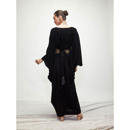 Ranian Black Velvet Kaftan Dress with Belt (Set of 2)