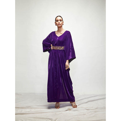 Ranian Purple Velvet Kaftan Dress with Belt (Set of 2)