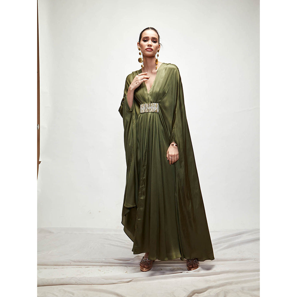 Ranian Olive Green Silk Kaftan Dress