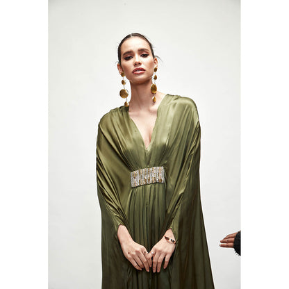 Ranian Olive Green Silk Kaftan Dress