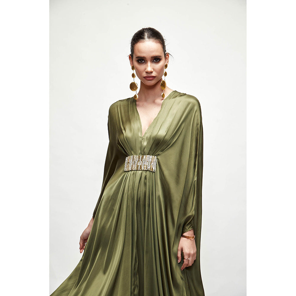 Ranian Olive Green Silk Kaftan Dress