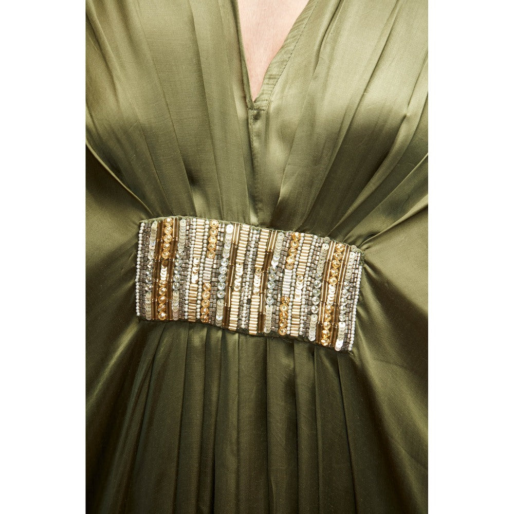 Ranian Olive Green Silk Kaftan Dress