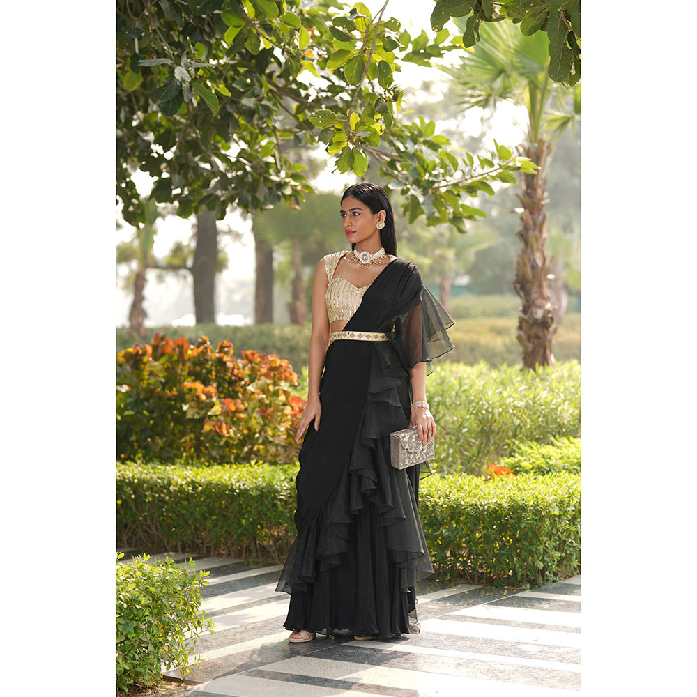 Rashika Sharma Lara Ruffled Pre-Draped Saree with Blouse and Belt with Stitched