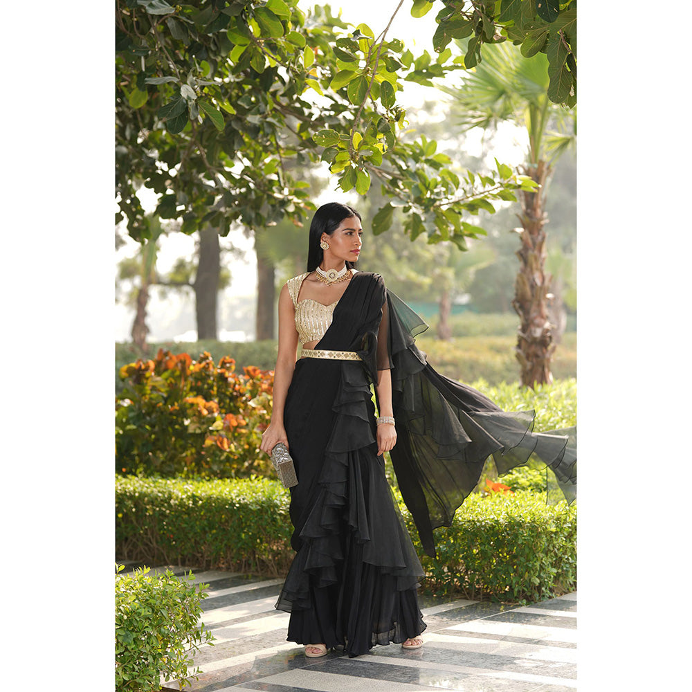 Rashika Sharma Lara Ruffled Pre-Draped Saree with Blouse and Belt with Stitched