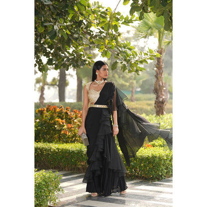 Rashika Sharma Lara Ruffled Pre-Draped Saree with Blouse and Belt with Stitched