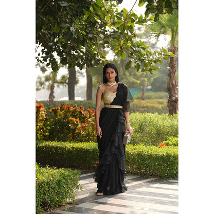 Rashika Sharma Lara Ruffled Pre-Draped Saree with Blouse and Belt with Stitched