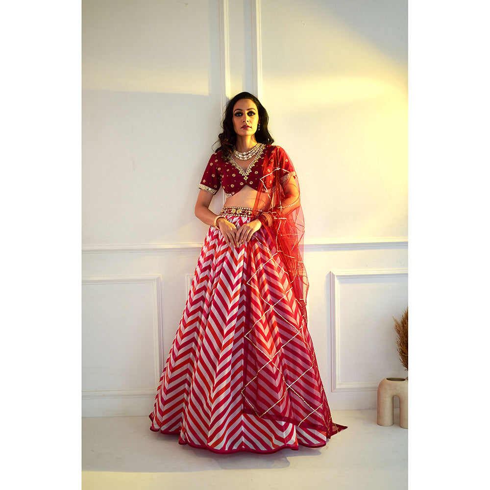 Rashika Sharma Myrah Pink Chevron Blouse and Lehenga with Dupatta (Set of 3)