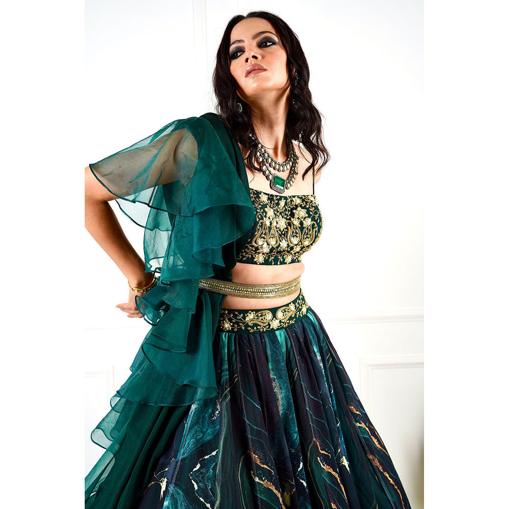 Rashika Sharma Meesha Green Marble Print Blouse, Lehenga with Dupatta and Belt (Set of 4)