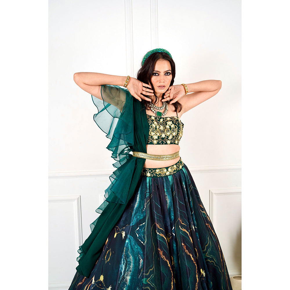 Rashika Sharma Meesha Green Marble Print Blouse, Lehenga with Dupatta and Belt (Set of 4)