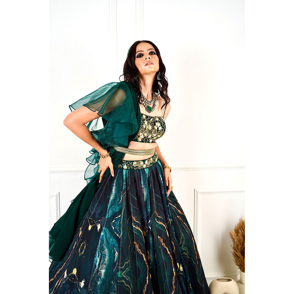 Rashika Sharma Meesha Green Marble Print Blouse, Lehenga with Dupatta and Belt (Set of 4)
