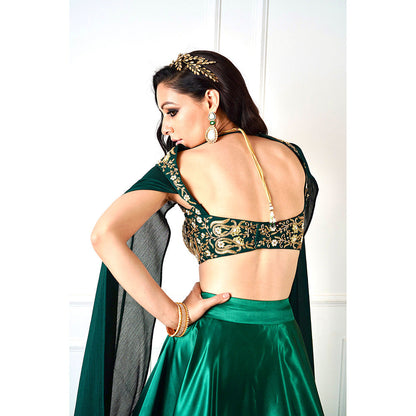 Rashika Sharma Meera Green Blackout Satin Blouse and Lehenga (Set of 2)