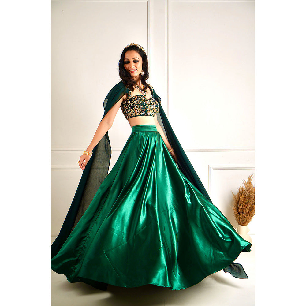Rashika Sharma Meera Green Blackout Satin Blouse and Lehenga (Set of 2)