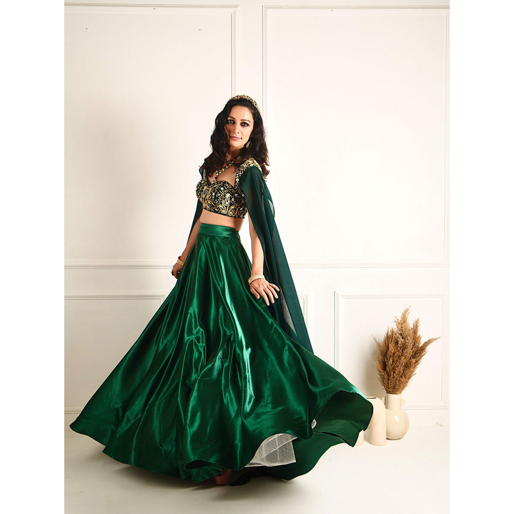 Rashika Sharma Meera Green Blackout Satin Blouse and Lehenga (Set of 2)