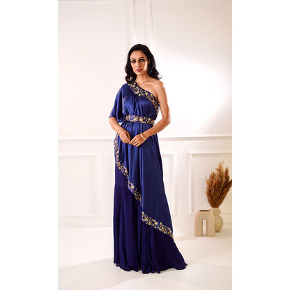 Rashika Sharma Sehar Navy Amber Cape, Inner and Sharara with Belt (Set of 4)