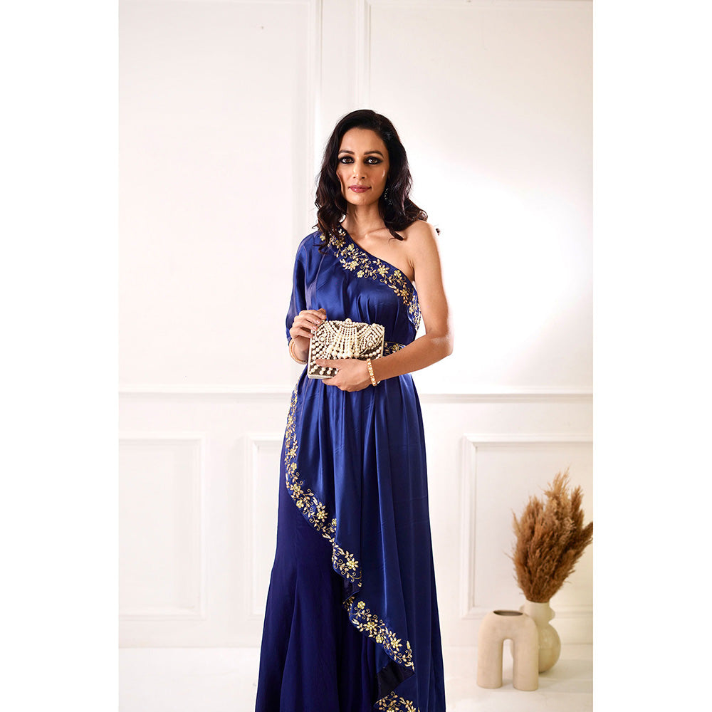 Rashika Sharma Sehar Navy Amber Cape, Inner and Sharara with Belt (Set of 4)