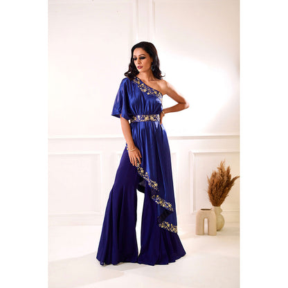 Rashika Sharma Sehar Navy Amber Cape, Inner and Sharara with Belt (Set of 4)