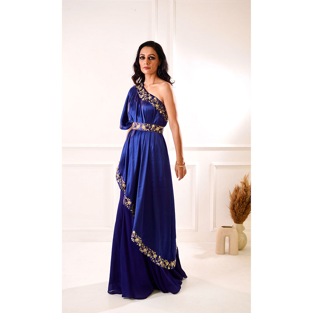 Rashika Sharma Sehar Navy Amber Cape, Inner and Sharara with Belt (Set of 4)