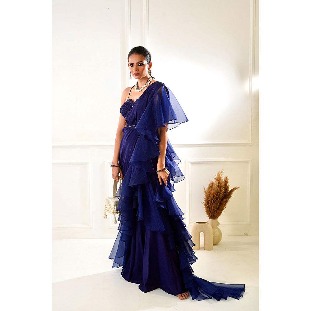 Rashika Sharma Nikasha Navy Ruffle Pre-Drapped Saree with Blouse and Belt with Stitched