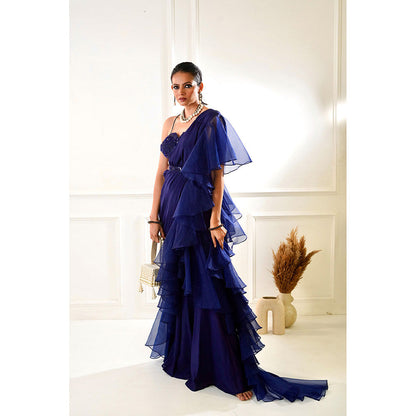 Rashika Sharma Nikasha Navy Ruffle Pre-Drapped Saree with Blouse and Belt with Stitched