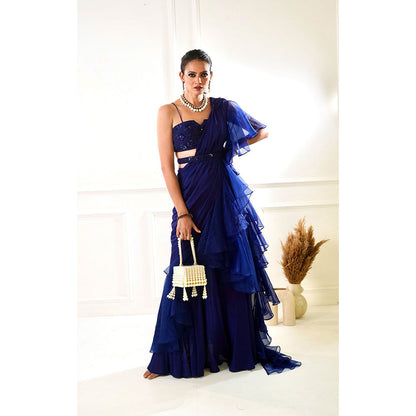 Rashika Sharma Nikasha Navy Ruffle Pre-Drapped Saree with Blouse and Belt with Stitched
