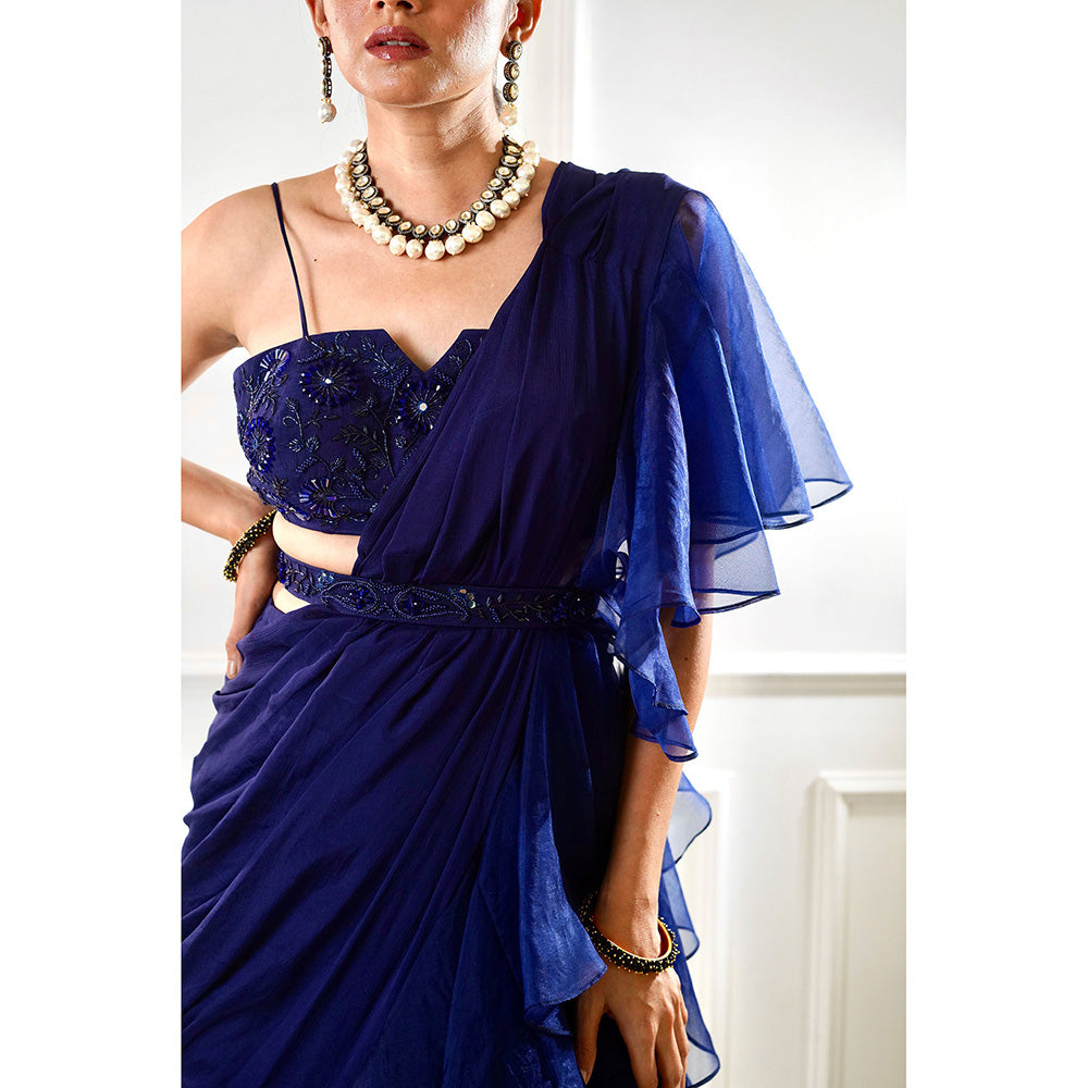 Rashika Sharma Nikasha Navy Ruffle Pre-Drapped Saree with Blouse and Belt with Stitched