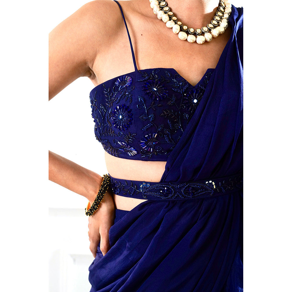Rashika Sharma Nikasha Navy Ruffle Pre-Drapped Saree with Blouse and Belt with Stitched