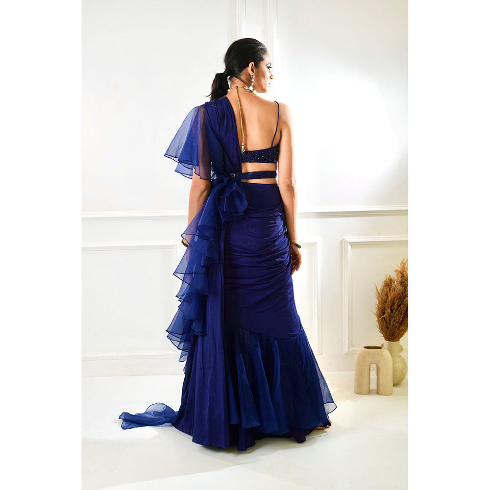 Rashika Sharma Nikasha Navy Ruffle Pre-Drapped Saree with Blouse and Belt with Stitched