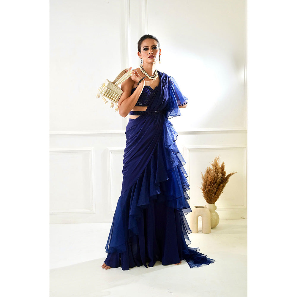 Rashika Sharma Nikasha Navy Ruffle Pre-Drapped Saree with Blouse and Belt with Stitched